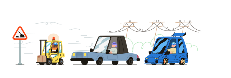 Illustration of a forklift, sedan, and race car driving past telephone poles towards an "Under construction" sign.